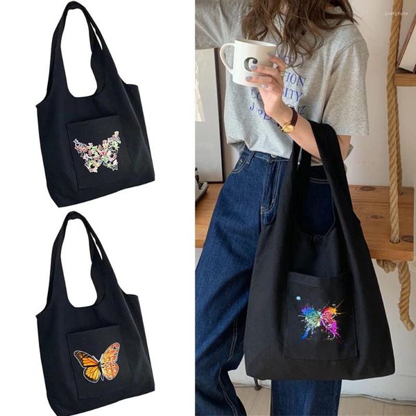 Bolsas de compras Bolso de mujer Chaleco de un solo hombro Colección con estampado de mariposas Commuter Canvas Eco Tote