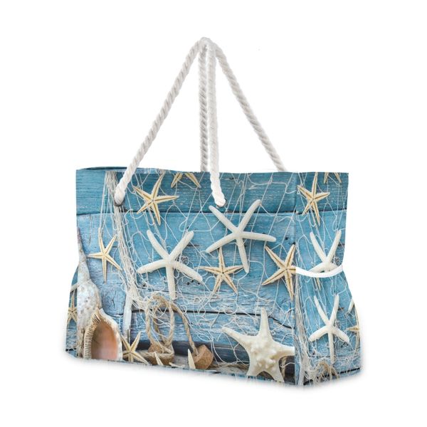 Sacs à provisions dames sac à bandoulière bleu océan coquillage plage sable imprime fourre-tout sac à provisions tissu de lin beau sac à main pratique décontracté 230703