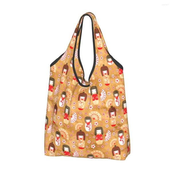 Grands sacs de courses réutilisables pour poupées japonaises, sac d'épicerie pliable Kokeshi écologique lavable avec pochette