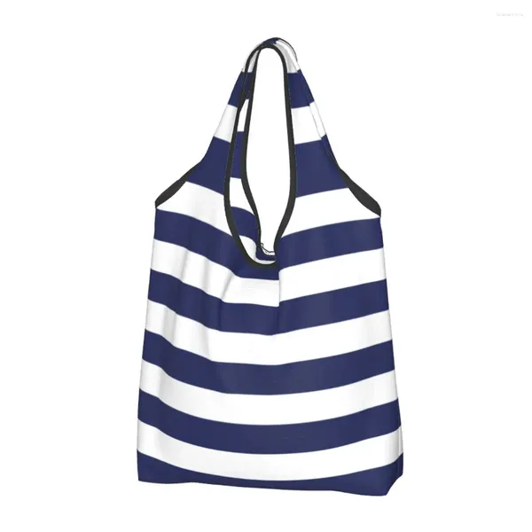 Bolsas de compras grandes reutilizables azul marino y blanco rayas comestibles reciclar bolsa ecológica plegable lavable cabe en el bolsillo