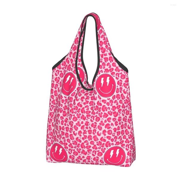 Sacs de courses grand réutilisable Preppy esthétique rose imprimé léopard sourire épicerie recycler sac fourre-tout pliable lavable léger