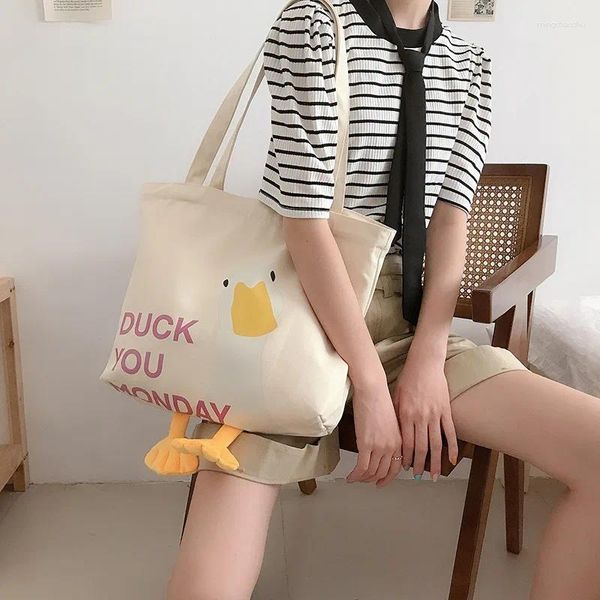Bolsas de compras grandes para mujer, bolso de hombro con estampado de dibujos animados de pato bonito, bolso de lona Kawaii informal, bolsos ecológicos de tela de algodón