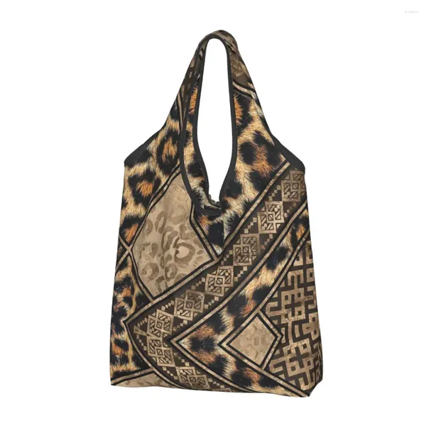 Bolsas de compras pelaje de leopardo con adornos étnicos bolsas de comestibles plegables capacidad de reciclaje de patrones de animales marrones