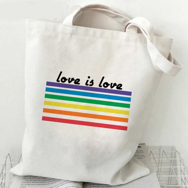 Sacs de Shopping Lgbt Love is Loves, sac en toile imprimé arc-en-ciel, sac à dos asymétrique épaule dénudée, sac à main de loisirs pour étudiants, sac de Shopping