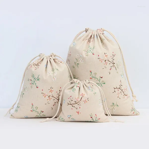 Bolsas de compras Bolsa de cordón de lino de algodón literario Planta de flores vintage Regalo de café Embalaje de dulces Bolsa de viaje para mujer Monedero de almacenamiento