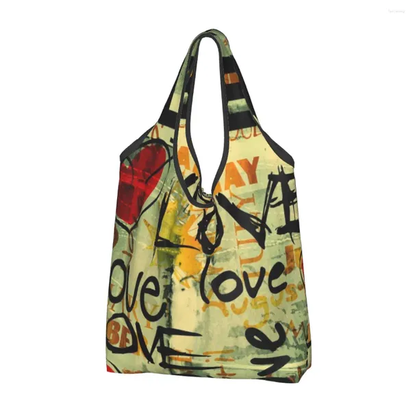 Bolsas de compras Love Artwork Bolso de hombro casual para mujer Tote de gran capacidad Almacenamiento portátil Bolsos plegables