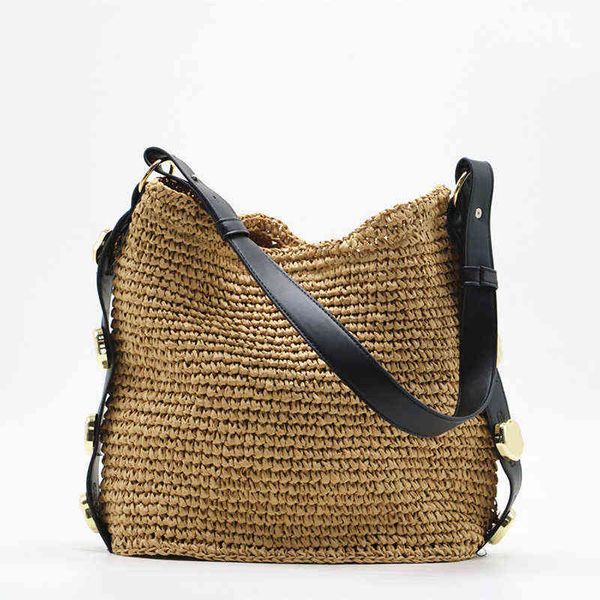 Sacs à provisions Designer de luxe tissé paille seau sac bohème rivet rotin fourre-tout épaule pour femmes été Bali voyage plage Shopper 220303