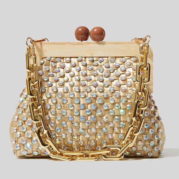 Bolsos de compras Diamantes de lujo Cadena gruesa Bolso de mano Clip de madera Shell Bolsos de mujer Brillante Rhinestone Partido Hombro Monederos femeninos 220307