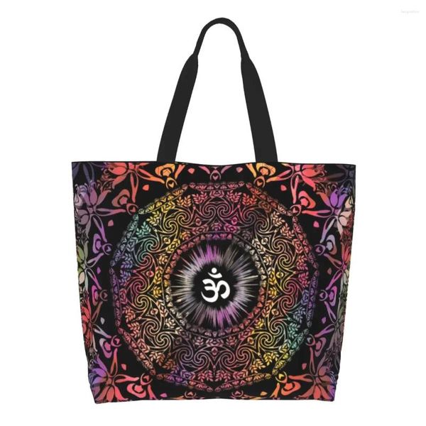 Sacs de courses Mandala Om bouddhisme Aum, sac en toile réutilisable pour femmes, grande capacité, épicerie Zen Yoga méditation, fourre-tout
