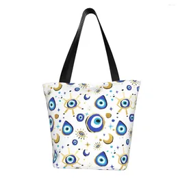 Sacs à provisions Sac fourre-tout méditerranéen bleu et or Evil Eye réutilisable Hamsa Nazar Amulette Boho épicerie toile épaule Shopper