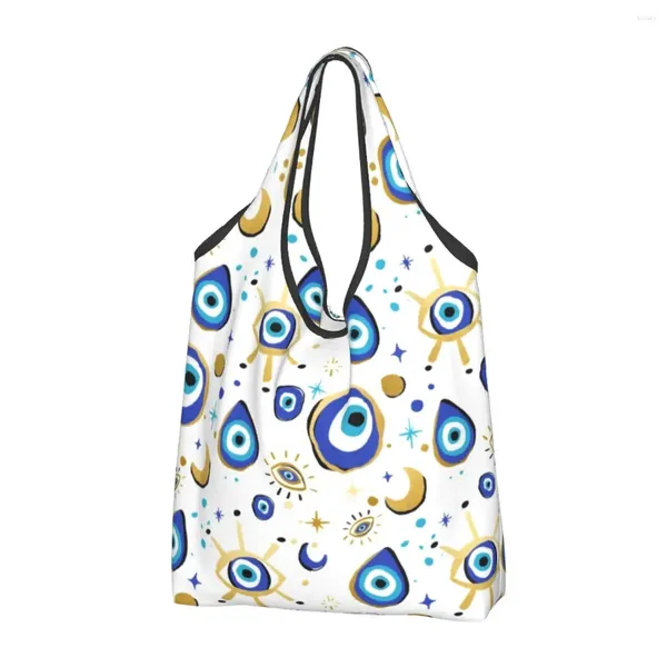 Bolsas de compras Mediterráneo Azul y Oro Evil Eye Mujeres Portátil Gran Capacidad Comestibles Hamsa Nazar Amulet Boho Shopper Tote