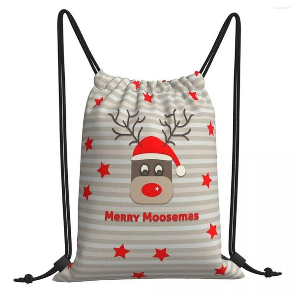 Bolsas de compras Merry Moosemas Happy Year Print Cordón Hombres Mujeres Almacenamiento Mochila Adolescente Bolsa de viaje Bolsillo multifunción