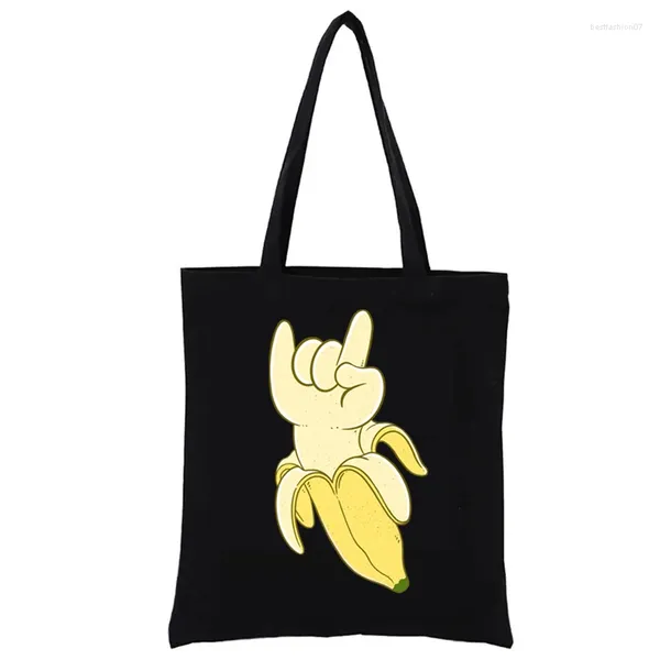 Bolsas de compras Metal Hand Banana Printd Bag Canvas Casual Totes Funny Totebag Tote tejido Bolsos de mujer Shopper Moda Eco Y2k