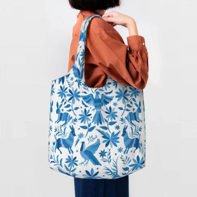Shopping Bags Mexican Otomi Birds Pattern Groceries Tote Bag Women Floral Textile Art Canvas Shopper Shoulder Capacity Handbags
