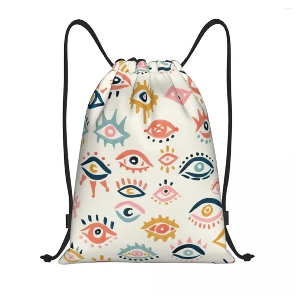 Bolsas de compras Mystic Eyes Paleta primaria Mochila con cordón Mujeres Hombres Deporte Gimnasio Sackpack Portátil Hamsa Amuleto Bolsa de entrenamiento Saco