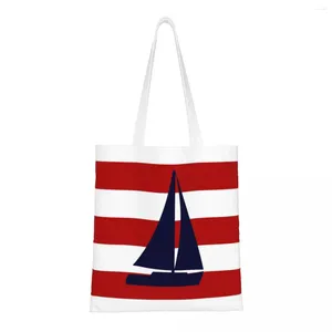 Boodschappentassen Nautisch marineblauw Boodschappen Draagtas Zeilboot met rode strepen Canvas schoudertas Shopper Handtassen met grote capaciteit