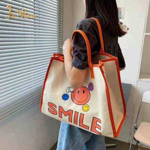 Bolsos de compras NUEVO Casual Canvas Women Cute Smile Bolso de gran capacidad con asa Tote Fashion Simple Shoulder Environmental 220301