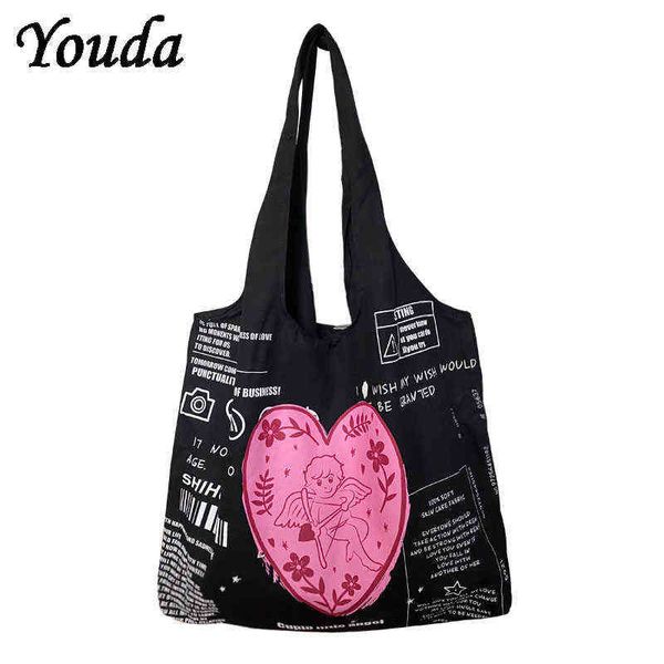 Bolsos de compras Nuevo diseño Moda casual Lienzo Ángel Tote Gran capacidad Letras Mujeres Universidad Vintage Harajuku Bolsos de hombro 220307