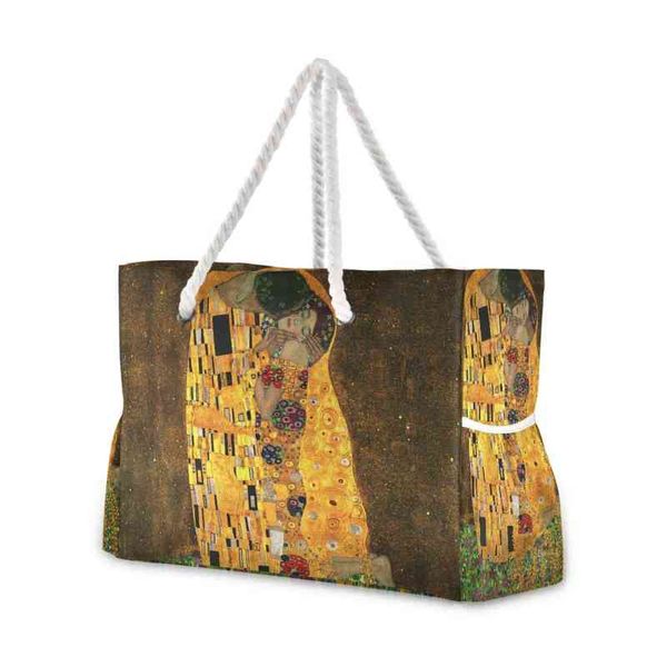 Sacs à provisions Nouvelle Mode Nylon Femmes Sac À Main D'été Sac De Plage Grande Capacité Sac Fourre-Tout Le Baiser De Gustav Klimt Imprimer Sac À Bandoulière pour Femmes 220310