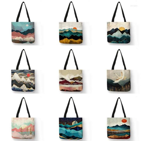 Bolsas de compras Pintura al óleo Montaña Bosque Impresión Bolsa de asas Tela de algodón Hombro Shopper para mujeres Bolso Eco Plegable Reutilizable