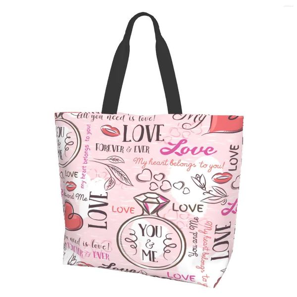 Sacs Shopping Fond Rose Avec Coeur Saint Valentin Fleur Love Is Tote For Women Réutilisable Grocery Large
