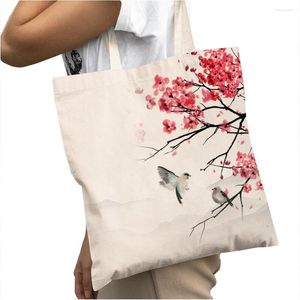 Boodschappentassen roze perzik bloesem grote capaciteit shopper tas aquarel cartoon planten boom vogel dubbele print canvas vrouwen