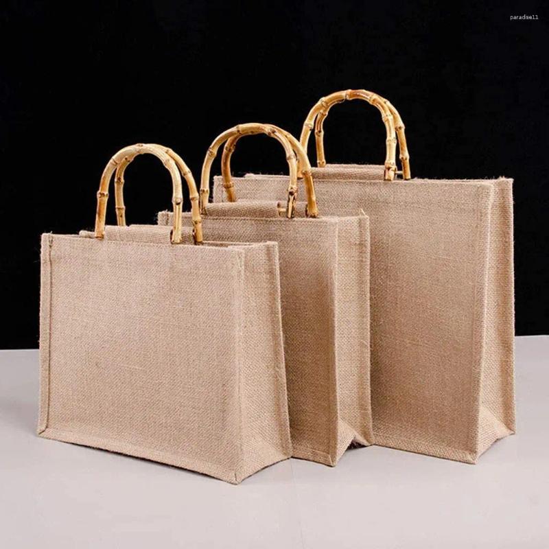 Shoppingväskor bärbar väska jute bambu med ringhandtag på ljusbrun