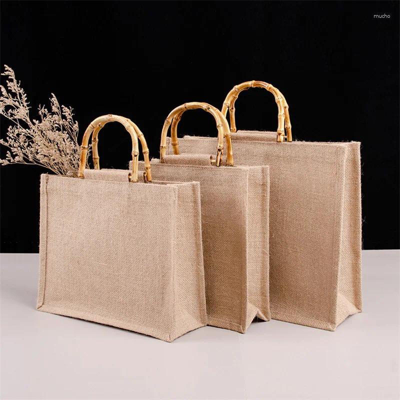 Shopping Bags Portable Burlap Jute Bag Handbag Bamboo Loop Handles Tote Retro Diy Women Big Size Beach For Girls
