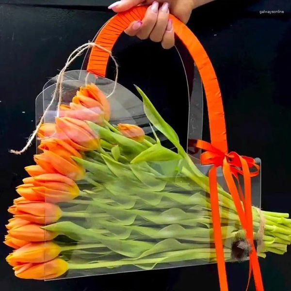 Sacs à provisions Sac d'emballage de fleurs portables Boîte transparente avec poignée Fresh Emballage Hands Sac de mariage CONTACTER GADE