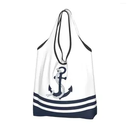 Sacs de courses imprimés ancres bleues nautiques avec rayures blanches, fourre-tout Portable à bandoulière, sac à main de marin de voile