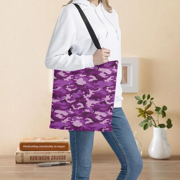 Bolsas de compras Diseño de camuflaje púrpura Gran capacidad para mujeres Bolsos de supermercado Bolsa de hombro de almacenamiento de mamá plegable reutilizable