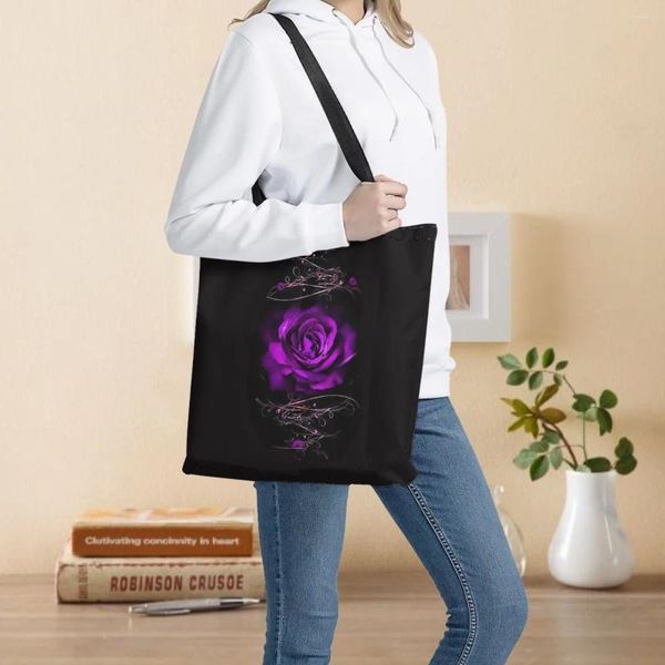 Sacs à provisions violet gothique rose impression écologique réutilisable maman supermarché sac à main style floral filles bookbag stockage fourre-tout