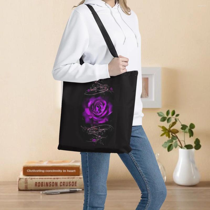 Shopping Bags Purple Gothic Rose Printing Eco-friendly Reusable Mom Supermarket Handbag Floral Style Girls Bookbag Storage Totes