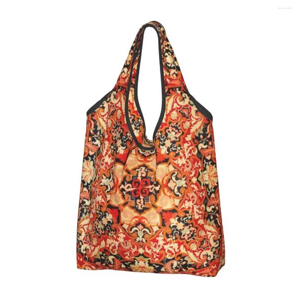 Bolsas de compras Reciclaje Antiguo Francés Aubusson Alfombra Bolsa Mujer Tote Portátil Europa Vintage Geométrico Comestibles Shopper