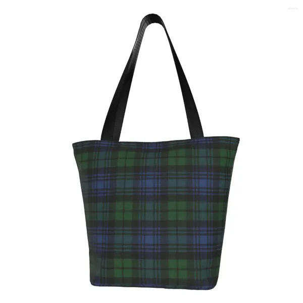 Sacs de courses Recyclage Black Watch Scottish Tartan Plaid Bag Femmes Toile Épaule Fourre-tout Lavable Épicerie Shopper