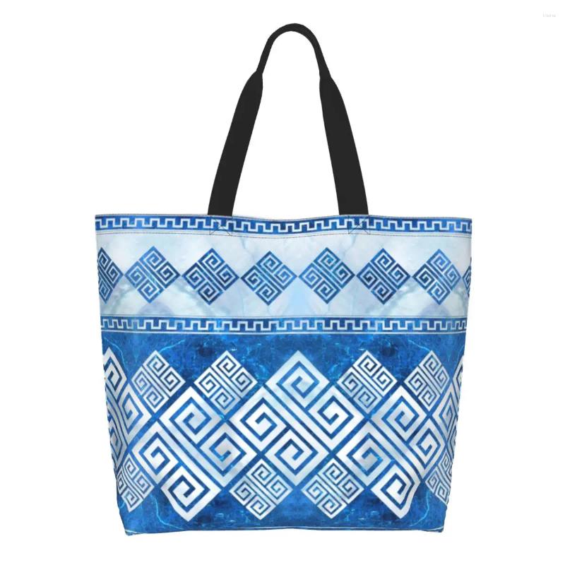 Shopping Bags Recycling Greek Meander Bag Shoulder Canvas Tote Portable Key Blue Gemstone And Pearl Grocery Shopper