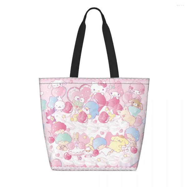 Bolsas de compras Reciclaje de conejitos de azúcar Bolsa de animación japonesa Mujeres Bolso de hombro de lona Durable Dibujos animados TV Comestibles Shopper