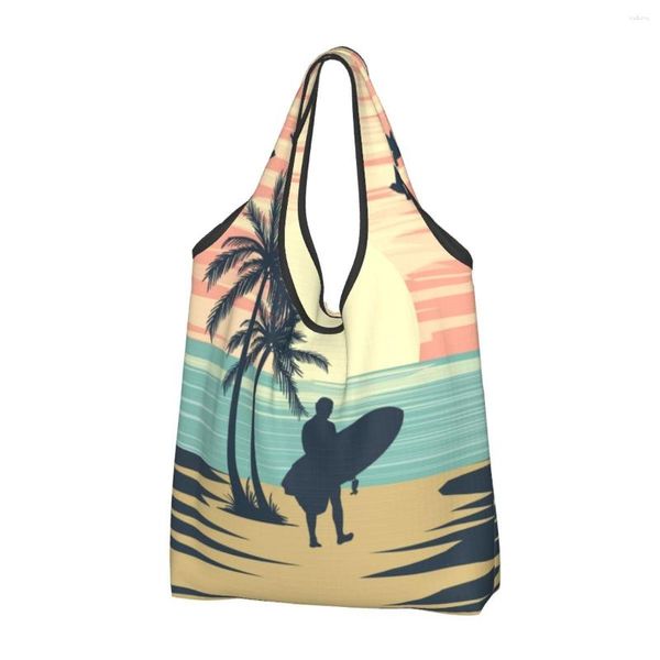 Bolsas de compras Retro Surfing comestibles personalizado Shopper bolso grande de hombro gran capacidad portátil verano playa surfista bolso