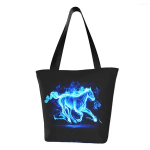 Boodschappentassen Herbruikbare Blue Fire Horse Bag Dames Canvas Schoudertas Wasbaar Abstract Dierenkunst Boodschappen Shopper