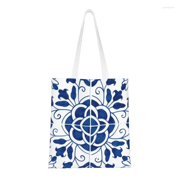 Bolsas de compras azules reutilizables portuguesas baldosas de porcelana bolsas de lienzo de lienzo