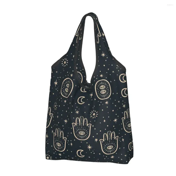 Bolsas de compras Reutilizable Hamsa Bolso de mano Mujeres Tote Amuleto portátil Sun Moon Grocery Shopper