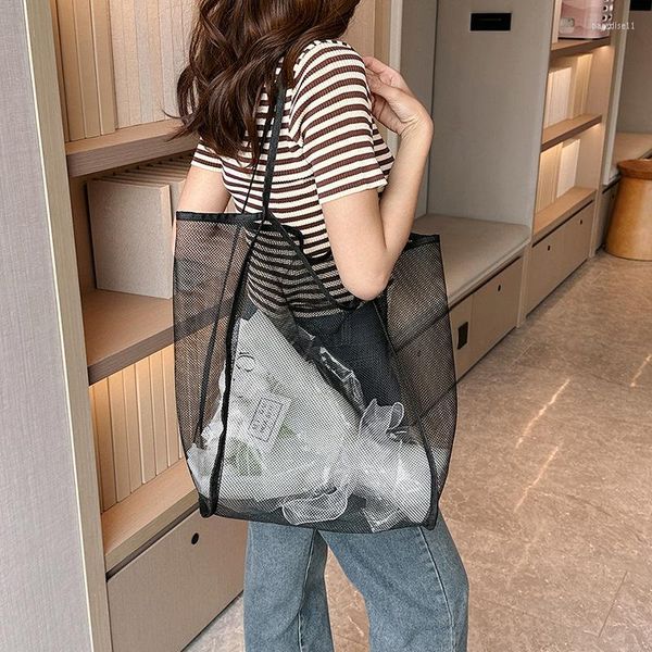 Bolsas de compras reutilizables de malla transparente para mujer, bolsa de almacenamiento de hombro de gran capacidad para compras, bolsos de mano portátiles de viaje para la playa