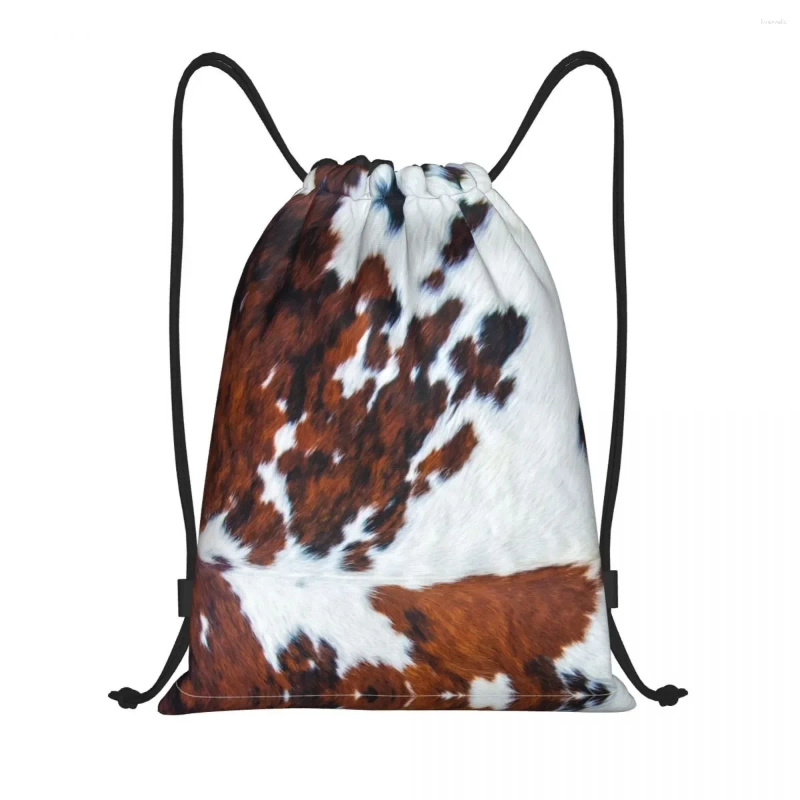 Shopping Bags Rustic Cow Faux Fur Skin Leather Drawstring Bag For Yoga Backpacks Women Men Animal Cowhide Texture Sports Gym Sackpack