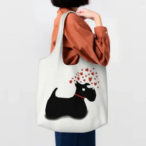 Boodschappentassen Scottie Hond Liefde Harten Canvas Dames Duurzaam Grote Capaciteit Boodschappen Schotse Terriër Shopper Tote Handtassen