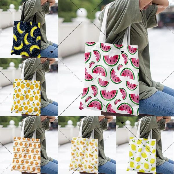 Bolsas de compras que venden la serie de frutas Tote Bolsa plegable Lona Reutilizable Supermercado de mujeres portátiles