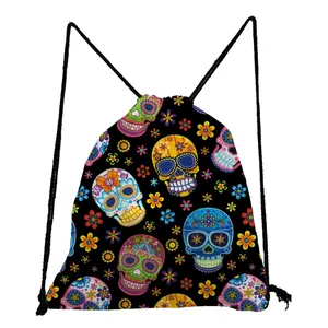 Boodschappentassen schoenen Bag unisex Halloween Candy cadeau Hoogwaardige Drawstring Pocket Portable Backpacks voor studenten Coole Floral Skull Print