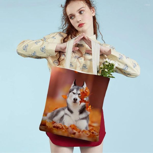 Bolsas de compras Siberian Husky Collie Women Mujer bolso de hombro Reutilizable Ambos lados de moda Pet Pet Animal Travel Bag