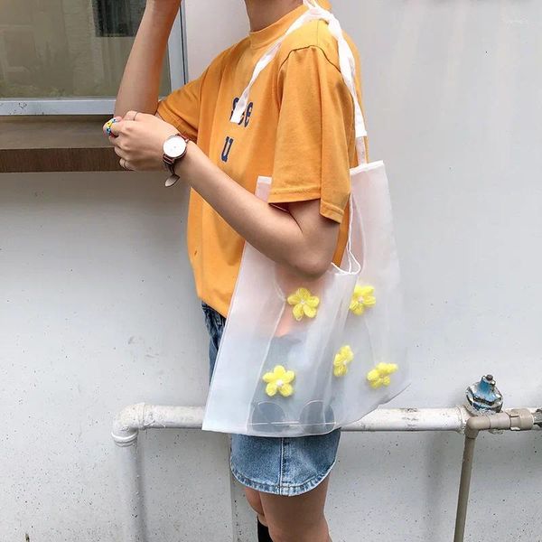 Sacs à provisions petite fleur sac de fil transparent épaule simple léger étudiant fourre-tout à main Eco coton recycler