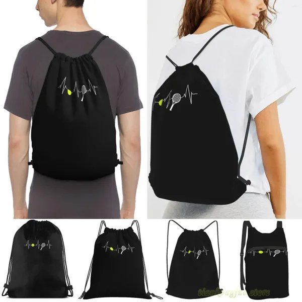 Bolsas de compras Tenis - Raquetas Pelota Latido Corazón Ritmo cardíaco Amo Hombres Viaje Bolsa de gimnasio Mujeres Mochila con cordón