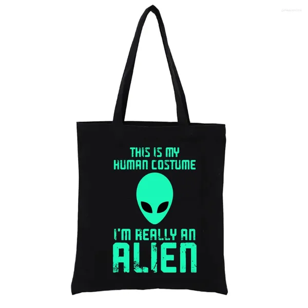 Bolsas de compras Este es mi disfraz humano I Alien Graphic Tote Bag Impresión extraterrestre Shoppong Bolsos de mujer para mujer Moda divertida